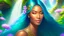 Placeholder: Photo realistic portrait of a gorgeous smiling skinny polynesian goddess with a golden dark shining skin, long smooth clear turquoise blue white hair, blue eyes, in a sci-fi outfit with luminous strikes blowing a kiss in a hill of flowers with sakura trees, a waterfall, a crystal palace, loads of mini flowers, moss, sun rays through the branches, particles in the air at spring