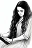 Placeholder: Pencil sketch of Young woman, Arab features,sad, long wavy hair, reading a book, full body، on lined paper