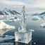 Placeholder: in a frozen sea with pretty mountains a full lady ice statue in artist pose standing over a ice block looking at camera, of clear glass like ice that going to melt and water drops fall from all body.