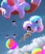 Placeholder: Ultra realistic speed clouds sky scene, wide angle view, sweet childs falling down, inflatable color clothing, free jumping flying, many trinkets, monster head, hair monster, many jelly beans, balls, color smoke, smile, happy, circus style, extreme, wind, clouds sea, 20,000 feet altitude, stratosphere, soft color, highly detailed, unreal engine 5, ray tracing, RTX, lumen lighting, ultra detail, volumetric lighting, 3d, finely drawn, high definition, high resolution.