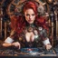 Placeholder: Front view half body gorgeous Realistic Photography beautiful super model Russian as playing Dj player with body full mechanical steampunk cyborg realistic beautiful woman hyper detailed, red hair