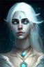 Placeholder: hauntingly beautiful character for dnd, young woman with white hair and blue eyes, angel, with moon necklace