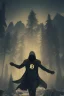 Placeholder: running berserker portrait , no face, black jogging suite , in the night Alps , holding bitcoin , angels background, volumetric gold light, high detail, dark leaf tree, dark mountains in background, perfect