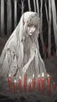 Placeholder: girl alone wearing lace veil with blood on it praying in the forest in the dark.cinematic.candles all around her