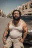 Placeholder: masculine muscular chubby burly mature arab man sunbathing, sitted on an empty street, 35 years old, ripped dirty tank top, bullneck, hands behind the neck, ripped dirty shorts, manly chest, very hairy, short beard, big shoulders, relaxed, photorealistic, well defined facial features, half figure photography, view angle from the ground