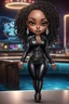 Placeholder: Create a digital airbrush chibi cartoon of a black curvy female wearing a black leather suit with black heels. Prominent make up with brown eyes. Highly detail black shiny locs that flow down her back. Extra-long diamond hoop earrings and jewelry. Background of a night club with a pool table behind her