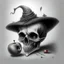 Placeholder: Realistic drawing of a Skull with a Witch hat, Skull has ghost eyes and is eating from a poison apple.