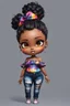 Placeholder: create a colorful abstract digital art image 8k of a chibi curvy black female wearing torn jeans pants and a black-tie dye off the shoulder blouse. Prominent make up with hazel eyes. Highly detailed high bun in her hair