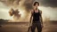 Placeholder: beautiful slender caucasian female technician with a small knife, black tank top, well toned muscles, weathered face, scratched sand camo metal details, short brunette wavy bob haircut, dystopian, desert scene with smoke and explosions, opponent is a giant muscular soldier