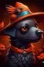 Placeholder: create an image of a bare xoloitzcuintle puppy, wearing gray and orange felt hat, with a little bird of all colors perched on its back, black filter, ultra detailed and visually rich concept art illustration of cute complex creatures of living molecules of persona 5, bright and enchanting, illuminated fantasy kingdom, (((rule of thirds))) depth of field intricate details, fantastic kingdom, extremely detailed, ultra-sharp focus, light particles, attention to detail, grandeur and aw