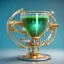 Placeholder: futuristic electronic flat transparent tea cup with a gold handle on a hydraulic cylinder,with a green drink inside,on four golden round legs with white silver dragon-shaped frame ribs, in a futuristic blue background, electronic displays, 3D, steampunk hang.