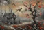 Placeholder: arafed whimsical folk art: post-apocalyptic grey tones, serene overgrown landscape at dawn, end of humanity, wild plum trees, tremulous white blossoms, soft mist, gentle rain, a (((vibrant robin))) with glowing fiery red feathers perched on a rusted low fence-wire in the foreground, swallows circling, damp dark earth, abandoned decaying wooden posts fading, soft ethereal dawn, pastel tones, scarce fiery red tint, heavy rust vibe, scrap metal vibe