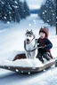 Placeholder: niño y niña viajan en un trineo tirado por un husky por un paisaje nevado