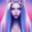 Placeholder: beautiful, soft, smiling,long straight blonde hair blues eyes, crown on the head, clothing in transparent bluish and pink veil, background brillante bluish and pink,