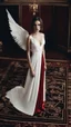 Placeholder: White wings, red dress, scissors. Above black and luxurious carpet. Cinematic picture from above