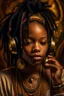 Placeholder: earthy black young woman listening to music with small old school headphones, soul, peace, majestic, earthy colours, at peace, happy, incense, jewels, bands, natural, old school headphones, blasian eyes, incense, very dark skin, crystals, gold arm bands, locs with beads