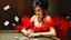 Placeholder: impressionist oil painting smooth brush strokes "head and shoulder" beautiful woman sitting at poker table elegant red tulle and shiny dress, red jewelry black hair in a bun, big hanging curls, slight smile, eyes downcast, long eyelashes cards in hand dark background other small cards flying around her some deteriorating grainy noise falling particles, backlight