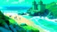 Placeholder: Coastal scene with robust architecture, blue-green sea and small human silhouettes enjoying the shore.