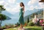 Placeholder: very beautiful lady with beautiful midi green- silver,jeweled lace skirt and pretty same material top with curvy hair high heels standing in a nice villa yard with trees flowers ,in country side in floor of beautiful mountains ,sea with ships ,water falls,16 by 9