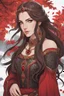 Placeholder: A (((beautiful woman with long, brown hair and red eyes))), in the Witcher universe, anime style, highly detailed, representing a (((royal medieval concubine))), clad in intricate ((red and black clothes)), set against a (detailed, anime-inspired backdrop)