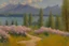 Placeholder: Sunny day, mountains, flowers, pathway, pine trees, lake, distant trees, theodore robinson impressionism painting