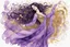 Placeholder: Dynamically dancing long haired brunette woman, in Klimt style, in lilac, watercolor and ink, golden glitters