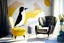 Placeholder: human feet decorated wallpaper in the background and a penguin shaped and penguin coloured (black and white) armchair in a modern room in sunshine