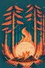 Placeholder: perfect round ball burning in a bonfire inside a forest, 2D flat illustration style, monoline, 3 colors max