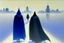 Placeholder: two people in capes and hoods seen from behind walking side by side in an empty foggy plain, above there is blue sky by artist "Leonora Carrington"