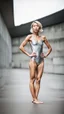 Placeholder: beautiful asian anorexic woman, total shot, short silver triathlon swimsuit, short blond wavy bob hair, blurred concrete background