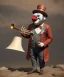 Placeholder: mechanoid old friendly fat clown with trimmed beard playing jazz with a steampunk theme, trumpet, realistic