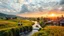 Placeholder: a group of young ladies in sports pants and blouse are dancing to camera in village over high grassy hills,a small fall and river and wild flowers at river sides, trees houses ,next to Ripe wheat ready for harvest farm,windmill ,a pretty train is leaving station along river,a few village local shops ,cloudy sun set sky