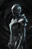 Placeholder: personaje futurista en fondo negro con tubos