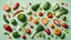 Placeholder: Many different fresh vegetables falling on pale light green background