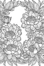 Placeholder: black and white beautiful thin floral frame made out of peonies for coloring pages, use a lot of big sunflowers in the frame, go all the way to the edges for the frame and leave a lot of space in the middle of the page, use only black and white, clear crisp outlines, no black background, go all the way to the outer edges of the page, use more space in the center of the page, make it rounder, use less shading, use more space in the center of the page, widen the frame, open up frame, more flower