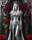 Placeholder: Beautiful Gothic Queen Vampire,length image angle distance dystopian hold the wonderfully stainless steel bright shine shiny metal craft standing pose luxury king engrave sword,sorrounded roses flowers background