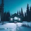 Placeholder: analog film minimal liminal icy cabin front elevation squared off and centered with icy trees behind and aurora borealis - foreground is simple snowy plain