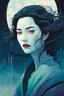 Placeholder: create an imaginative print illustration of an ethereal, otherworldly gaunt and withered ancient female Vetala shape shifting vampire , in the style of Hasui Kawase , Shiro Kasamatsu combined with the graphic novel style of Bill Sienkiewicz, with highly detailed feminine facial features