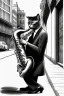 Placeholder: One single mature cat playing saxophone on the street, thoughtful, mourning, model style, hyper realistic, extremely accurate, delicate, extremely detailed, Graphic novel style, wide-angle, open aperture, superfine pencil