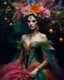 Placeholder: Realistic Photography Beautiful Fairytale, a stunning women adorned in vibrant carnival attire, ethereal beauty, black background, with swirling colors and fantastical tiny flowers, enchantment and grace, twisted vines, whimsical, surreal landscapes, emotive style, dreamlike quality, and magical realism, carnival red, ethereal pink, whimsical blue, vibrant green, celestial purple, golden amber, and shimmering silver