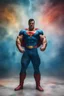 Placeholder: Superman, extremely huge, overexaggerated muscles, posing and flexing in a front of the camera, random extreme action poses, an extremely colorful, multicolored foggy blue marble wall in the background with a colorful marble tile floor, multicolored lightning, realism engine,