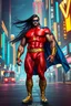Placeholder: A giant, muscular man with long, flowing, black hair that is blowing in the breeze and blue eyes, standing on the streets in the neon lit, futuristic City of Xanadu prime, he is wearing a red body suit that forms to his muscular frame, he also wears tight blue trunks on the outside of the suit, he has a gold lightning belt, gold wrist gauntlets, he wears gold, knee-high boots, he wears a blue cape, he as the symbol of Xanadu Prime on his chest, and a thin black leather bandit eye mask,