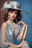 Placeholder: full body beautiful girl, elegant silver,lace clothes of the 80s, luxury style, small elegant hat with feather, hair of the 80s, pearl necklace, earrings masterful, beautiful face,blue backdrop