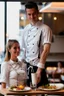 Placeholder: waitress and waiter serving tables in a modern restaurant in Spain, real photograph; photo taken with Fuji XT3 50mm lens camera, well-lit restaurant