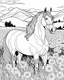 Placeholder: A horse with a flowing mane visiting a meadow. coloring page