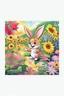 Placeholder: The cute bunny excitedly points at a bright yellow sunflower in the colorful garden, child book illustration style, faces must be the same as reference image