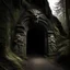 Placeholder: High resolution image of a weathered carved stone tunnel entrance shaped like a Demonic mouth, on the side of a forested hill. Inside are dark stairs going downward.