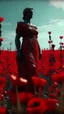 Placeholder: statue of justice in a field of red poppies.cinematic