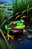 Placeholder: Create a captivating, high-resolution image of a leapfrog on a riverbank. The frog should appear almost hypnotic, with a gaze that directly engages the viewer as if it's looking into the camera. The artwork must be rendered in an 8k ultra-detailed cartoon style, showcasing vibrant colors and intricate details that bring the character to life