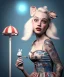 Placeholder: Ultra realistic portrait, wonderland, happy blonde Alice smoking a pipe, blue dress accompanied by elegant anthropomorphic white rabbit, circus dress style, old school tattoo, laughter, smoke, marijuana garden, mushroom lamps, glow eyes, perfect iris, soft color, highly detailed, unreal engine 5, ray tracing, RTX, lumen lighting, ultra detail, volumetric lighting, high definition.